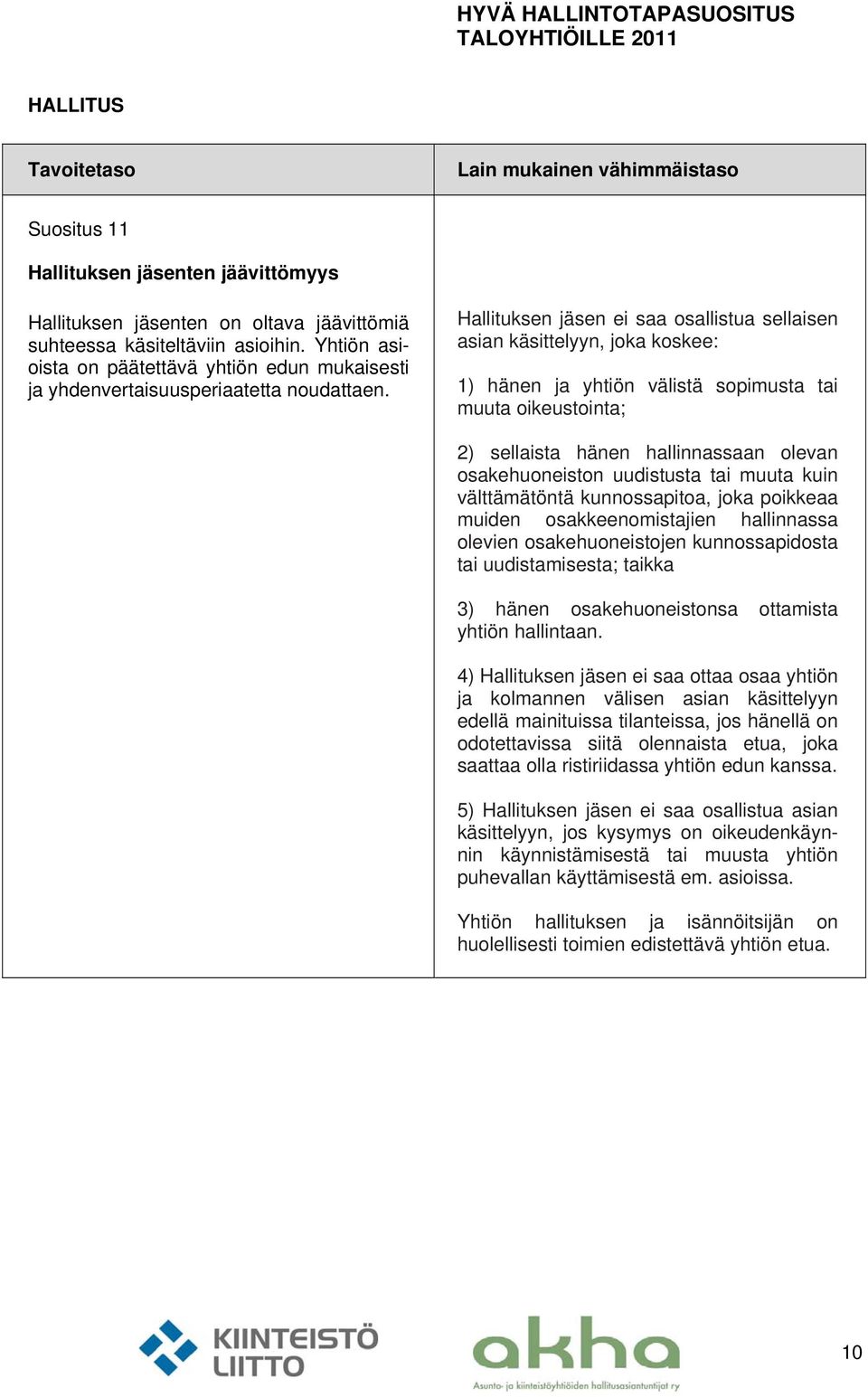 Hallituksen jäsen ei saa osallistua sellaisen asian käsittelyyn, joka koskee: 1) hänen ja yhtiön välistä sopimusta tai muuta oikeustointa; 2) sellaista hänen hallinnassaan olevan osakehuoneiston