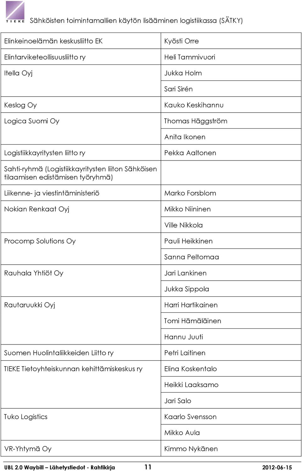 Liikenne- ja viestintäministeriö Nokian Renkaat Oyj Marko Forsblom Mikko Niininen Ville Nikkola Procomp Solutions Oy Pauli Heikkinen Sanna Peltomaa Rauhala Yhtiöt Oy Jari Lankinen Jukka Sippola