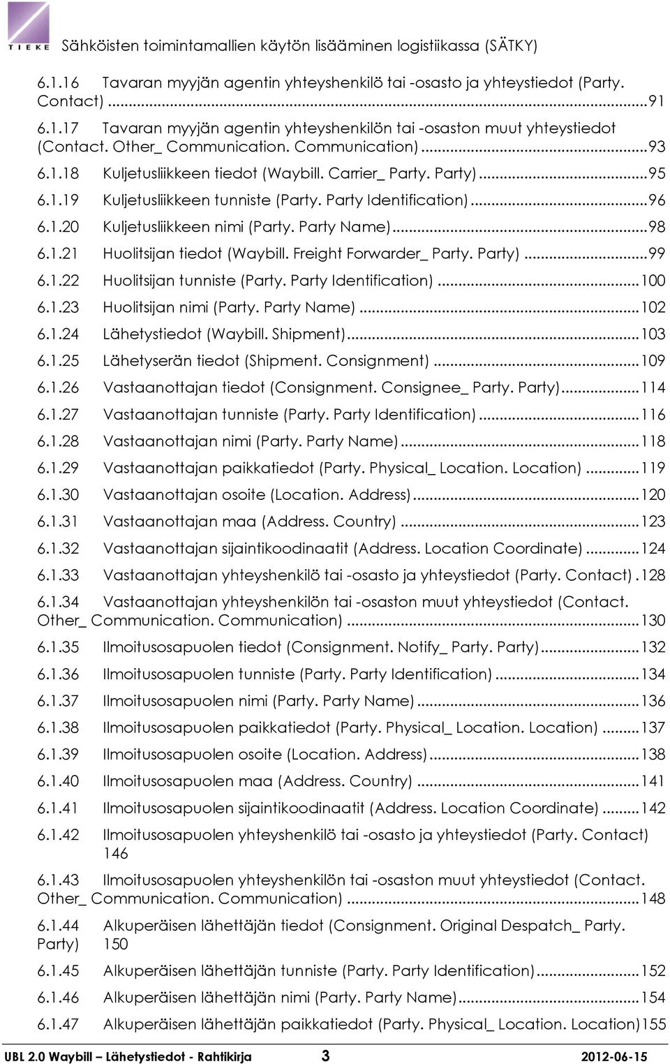 Party Name)... 98 6.1.21 Huolitsijan tiedot (Waybill. Freight Forwarder_ Party. Party)... 99 6.1.22 Huolitsijan tunniste (Party. Party Identification)... 100 6.1.23 Huolitsijan nimi (Party.