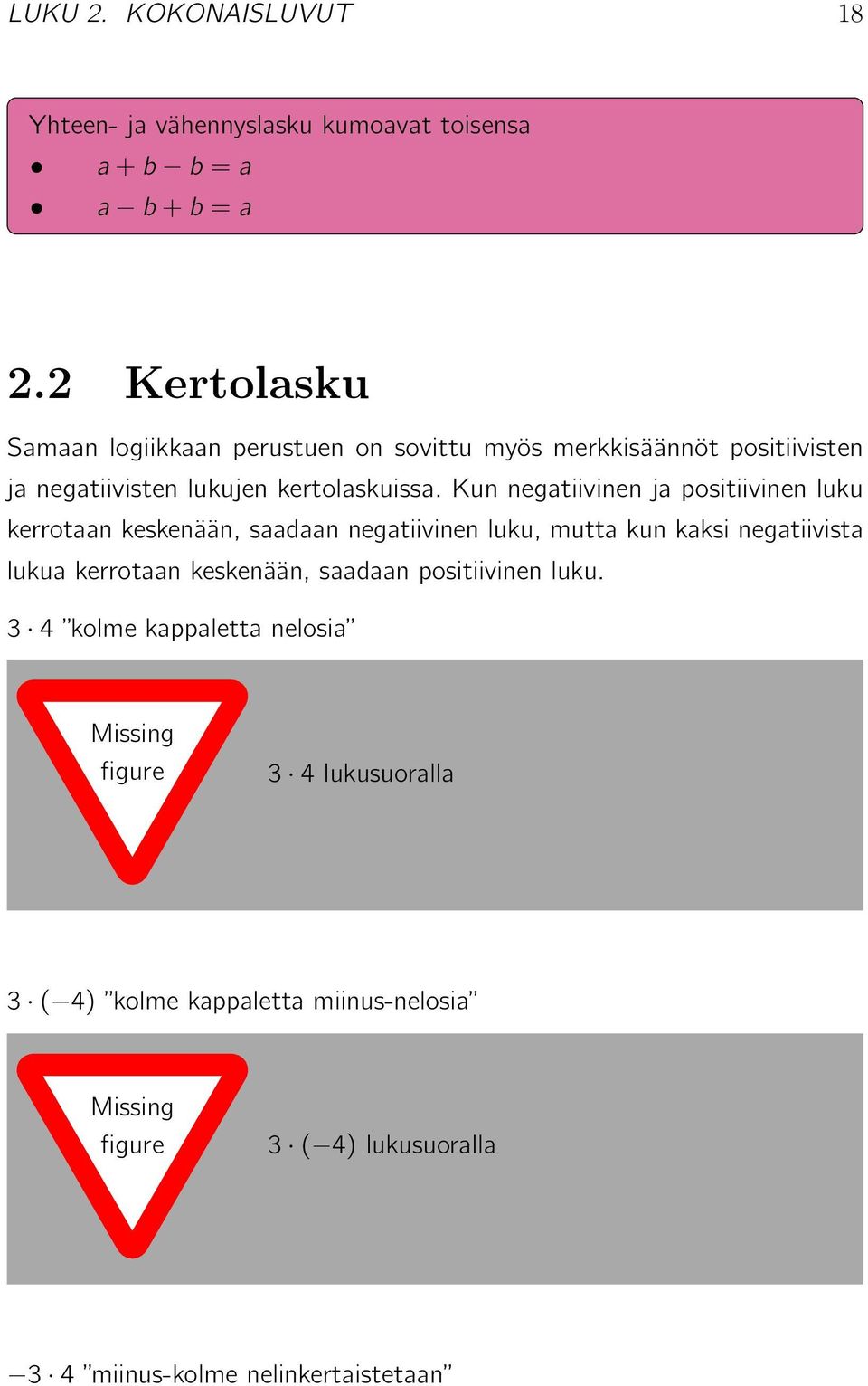 Kun negatiivinen ja positiivinen luku kerrotaan keskenään, saadaan negatiivinen luku, mutta kun kaksi negatiivista lukua kerrotaan