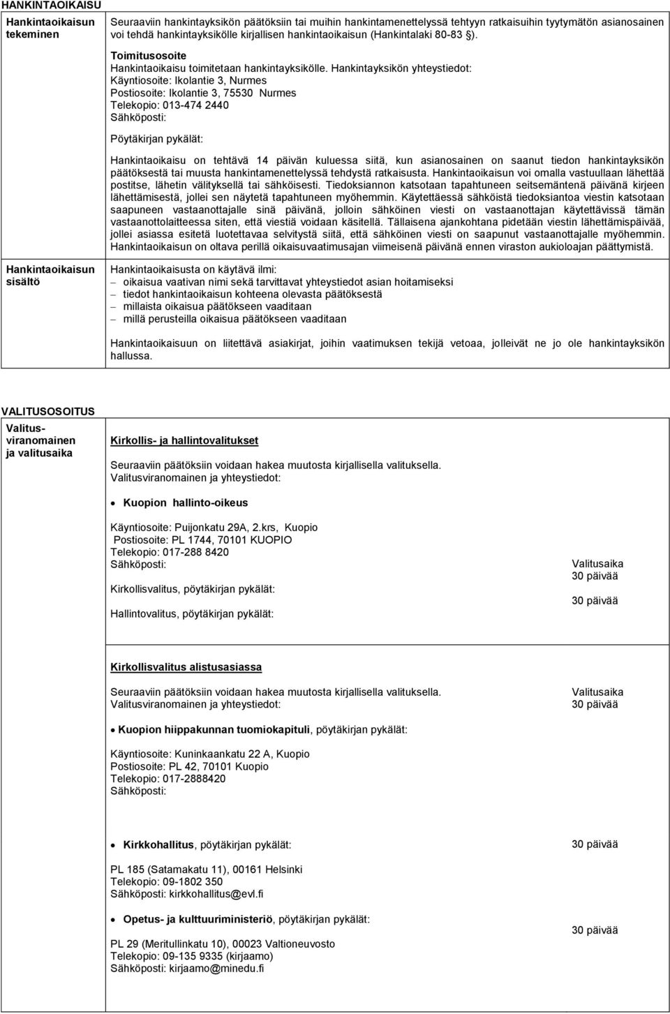 Hankintayksikön yhteystiedot: Käyntiosoite: Ikolantie 3, Nurmes Postiosoite: Ikolantie 3, 75530 Nurmes Telekopio: 013-474 2440 Sähköposti: Pöytäkirjan pykälät: Hankintaoikaisu on tehtävä 14 päivän