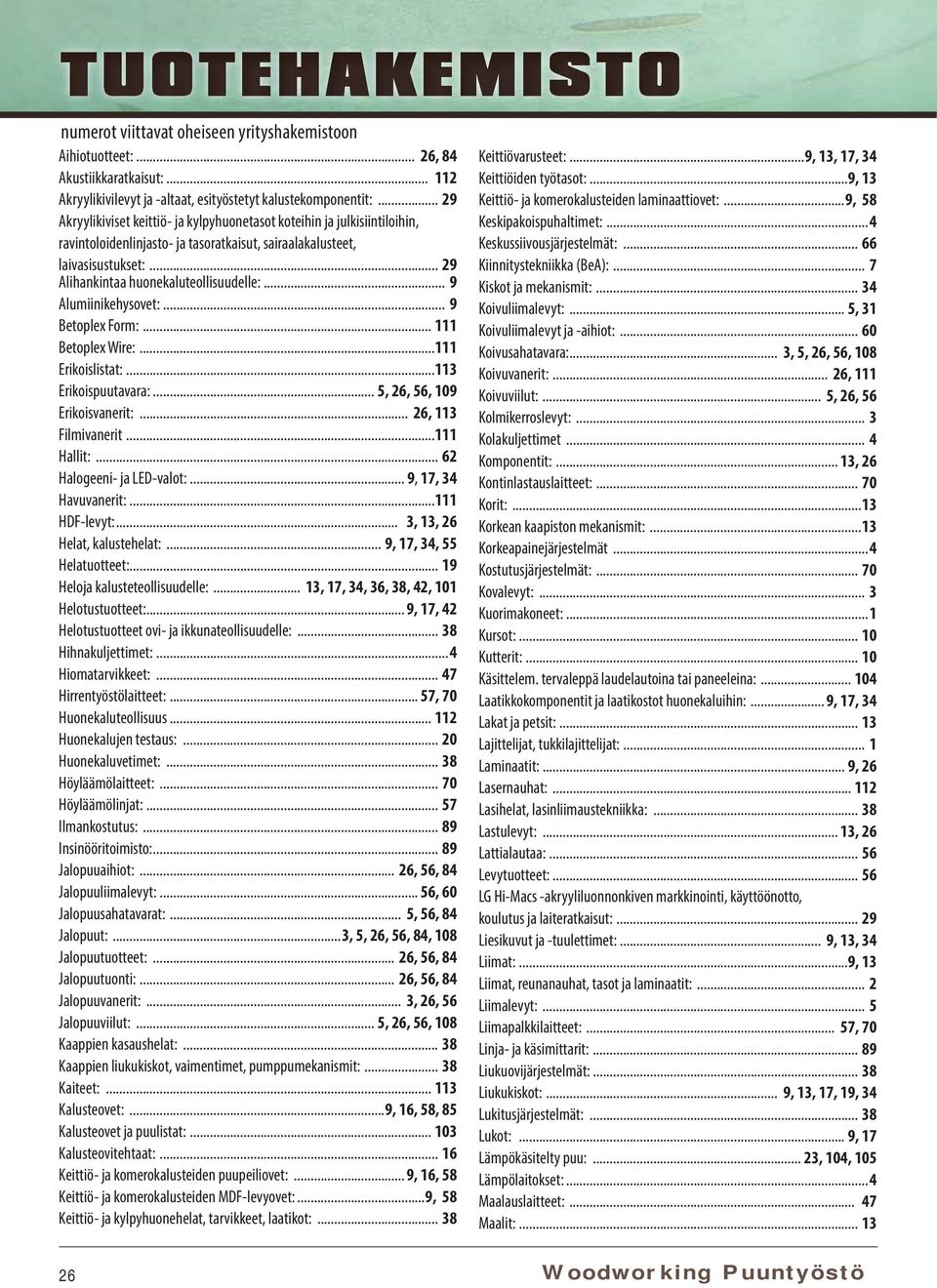 .. 9 Alumiinikehysovet:... 9 Betoplex Form:... 111 Betoplex Wire:...111 Erikoislistat:...113 Erikoispuutavara:... 5, 26, 56, 109 Erikoisvanerit:... 26, 113 Filmivanerit...111 Hallit:.