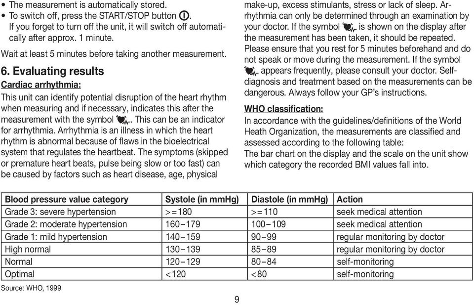 Evaluating results Cardiac arrhythmia: This unit can identify potential disruption of the heart rhythm when measuring and if necessary, indicates this after the measurement with the symbol.