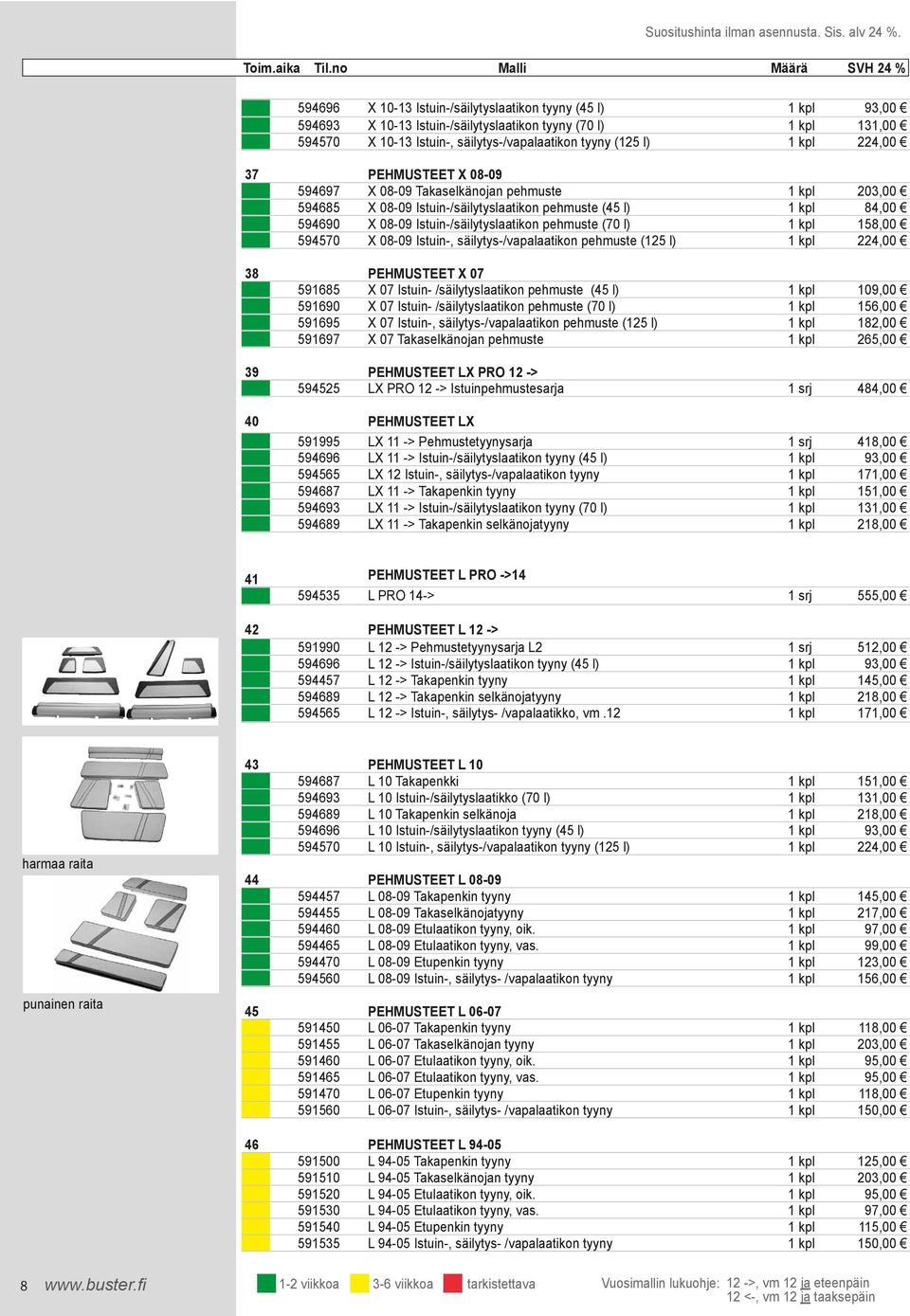 08-09 Istuin-, säilytys-/vapalaatikon pehmuste (125 l) 224,00 38 PEHMUSTEET X 07 591685 X 07 Istuin- /säilytyslaatikon pehmuste (45 l) 10 591690 X 07 Istuin- /säilytyslaatikon pehmuste (70 l) 156,00