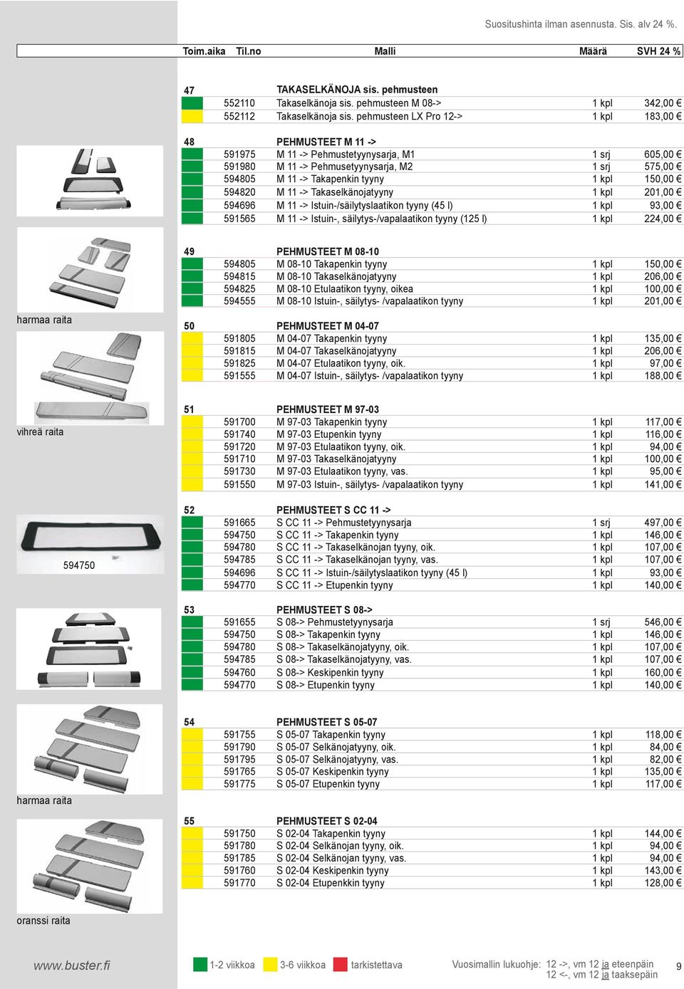 tyyny M 08-10 Takaselkänojatyyny M 08-10 Etulaatikon tyyny, oikea M 08-10 Istuin-, säilytys- /vapalaatikon tyyny 150,00 206,00 100,00 201,00 591805 591815 591825 591555 PEHMUSTEET M 04-07 M 04-07