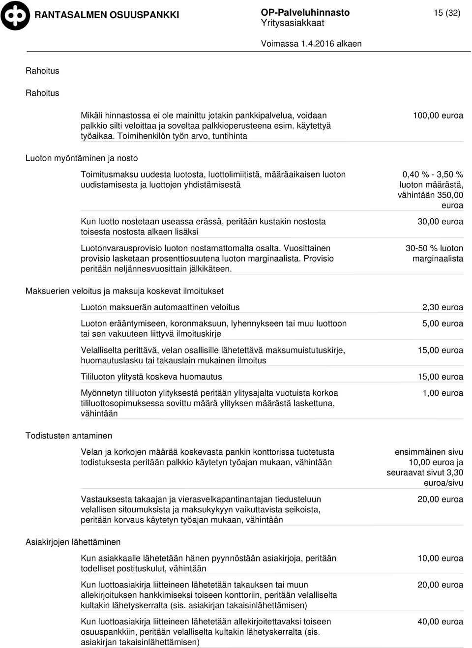 useassa erässä, peritään kustakin nostosta toisesta nostosta alkaen lisäksi Luotonvarausprovisio luoton nostamattomalta osalta. Vuosittainen provisio lasketaan prosenttiosuutena luoton marginaalista.