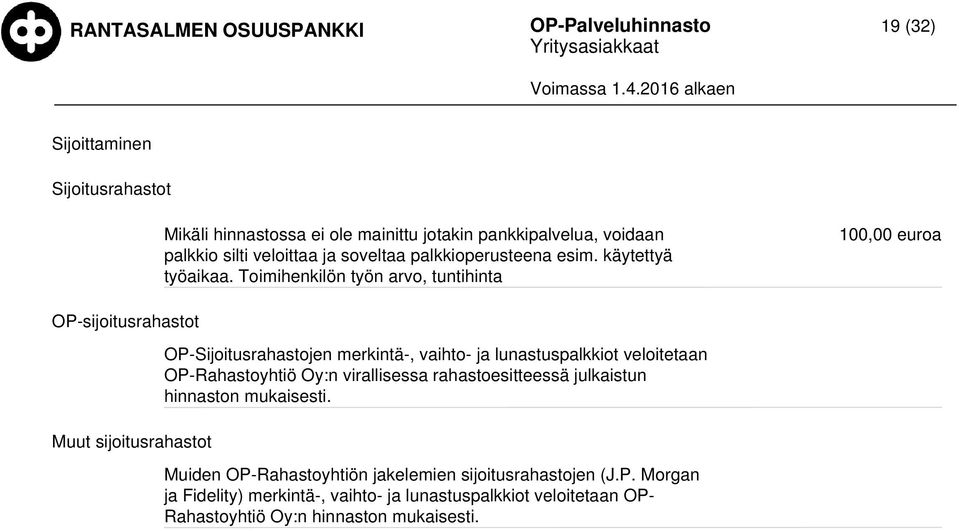 Toimihenkilön työn arvo, tuntihinta OP-sijoitusrahastot Muut sijoitusrahastot OP-Sijoitusrahastojen merkintä-, vaihto- ja lunastuspalkkiot