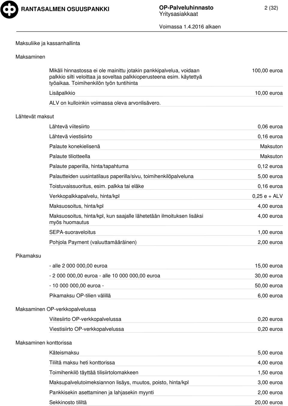 10,00 Lähtevät maksut Lähtevä viitesiirto Lähtevä viestisiirto Palaute konekielisenä Palaute tiliotteella Palaute paperilla, hinta/tapahtuma Palautteiden uusintatilaus paperilla/sivu,