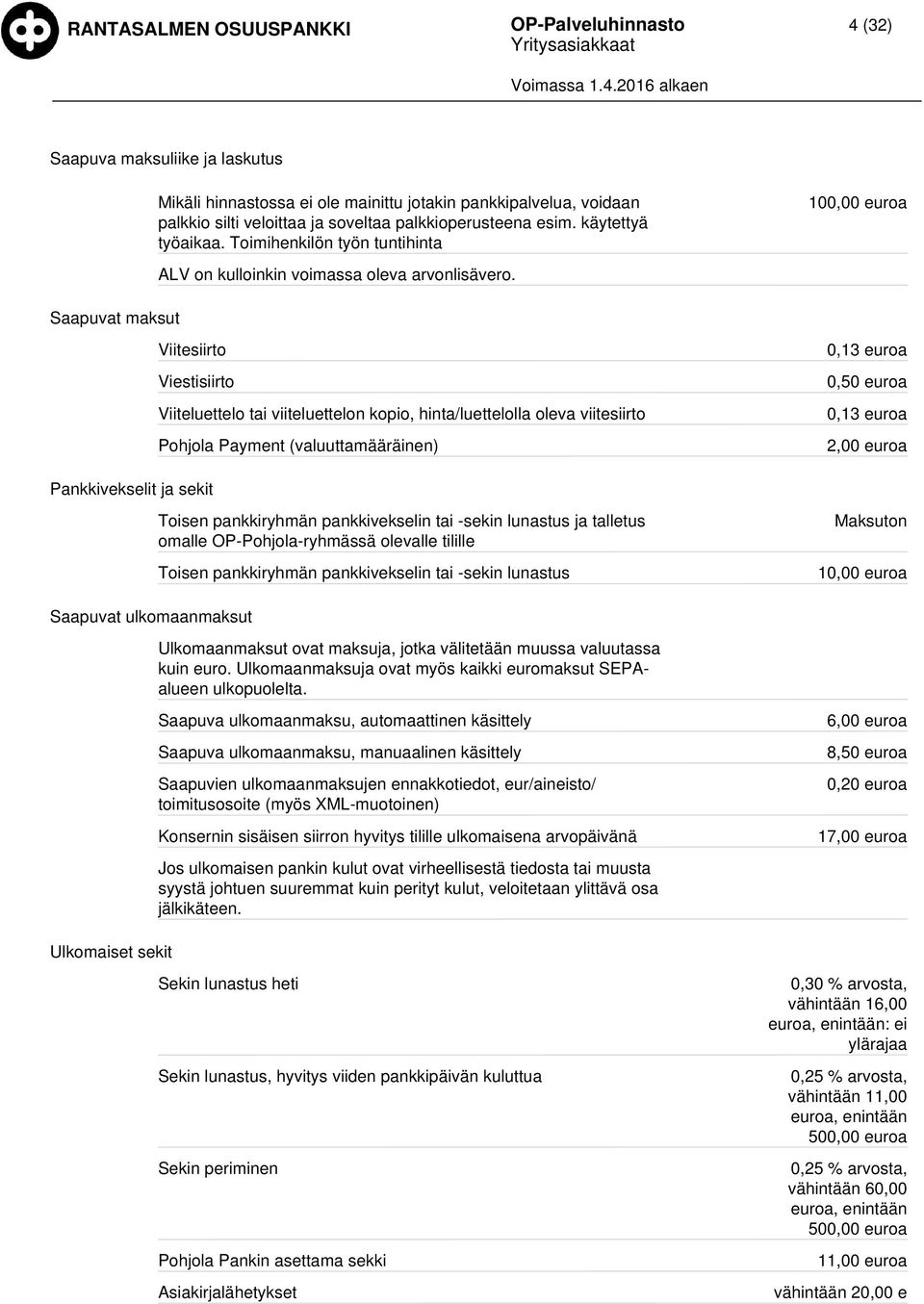 Viitesiirto Viestisiirto Viiteluettelo tai viiteluettelon kopio, hinta/luettelolla oleva viitesiirto Pohjola Payment (valuuttamääräinen) 0,13 0,50 0,13 2,00 Pankkivekselit ja sekit Toisen
