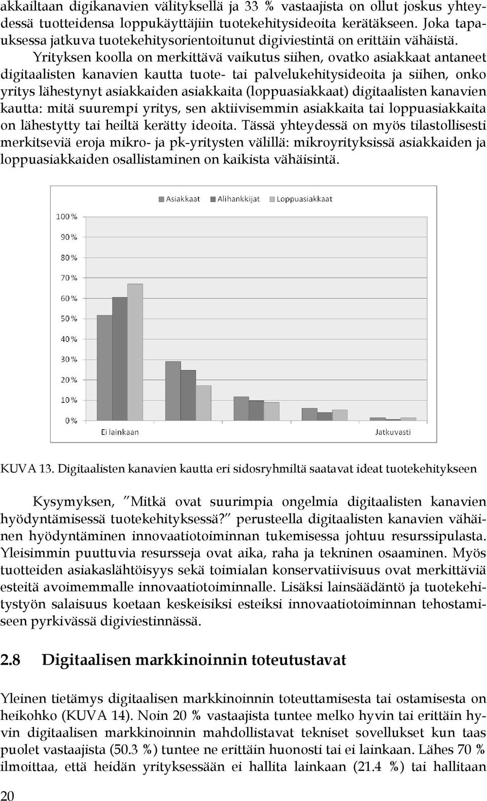 Yrityksen koolla on merkittävä vaikutus siihen, ovatko asiakkaat antaneet digitaalisten kanavien kautta tuote- tai palvelukehitysideoita ja siihen, onko yritys lähestynyt asiakkaiden asiakkaita
