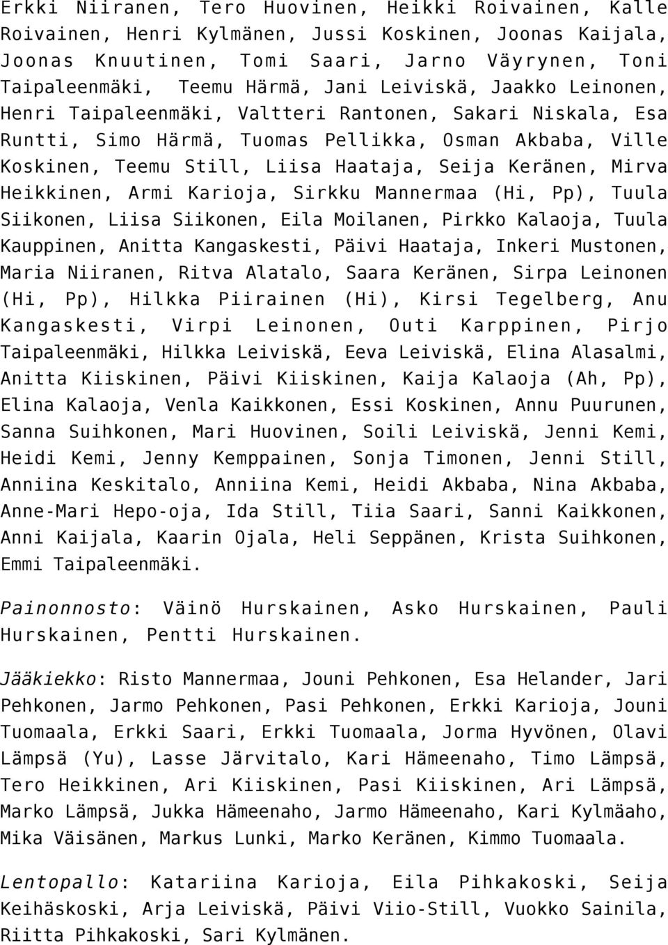 Mirva Heikkinen, Armi Karioja, Sirkku Mannermaa (Hi, Pp), Tuula Siikonen, Liisa Siikonen, Eila Moilanen, Pirkko Kalaoja, Tuula Kauppinen, Anitta Kangaskesti, Päivi Haataja, Inkeri Mustonen, Maria