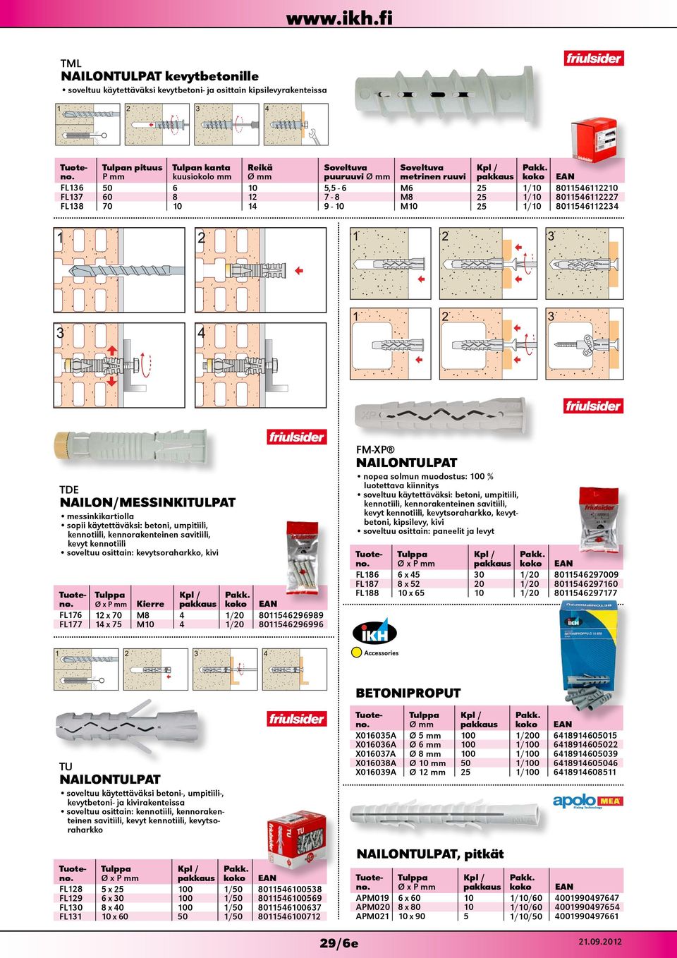 käytettäväksi: betoni, umpitiili, kennotiili, kennorakenteinen savitiili, kevyt kennotiili soveltuu osittain: kevytsoraharkko, kivi Tulppa Kierre FL176 12 x 70 M8 4 1/20 8011546296989 FL177 14 x 75