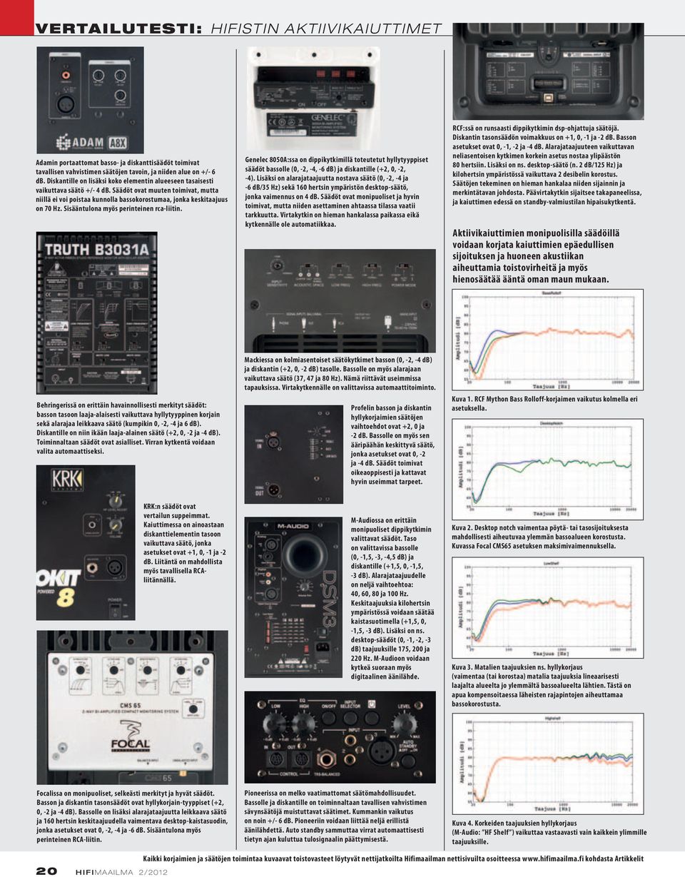 Sisääntulona myös perinteinen rca-liitin. Genelec 8050A:ssa on dippikytkimillä toteutetut hyllytyyppiset säädöt bassolle (0, -2, -4, -6 db) ja diskantille (+2, 0, -2, -4).