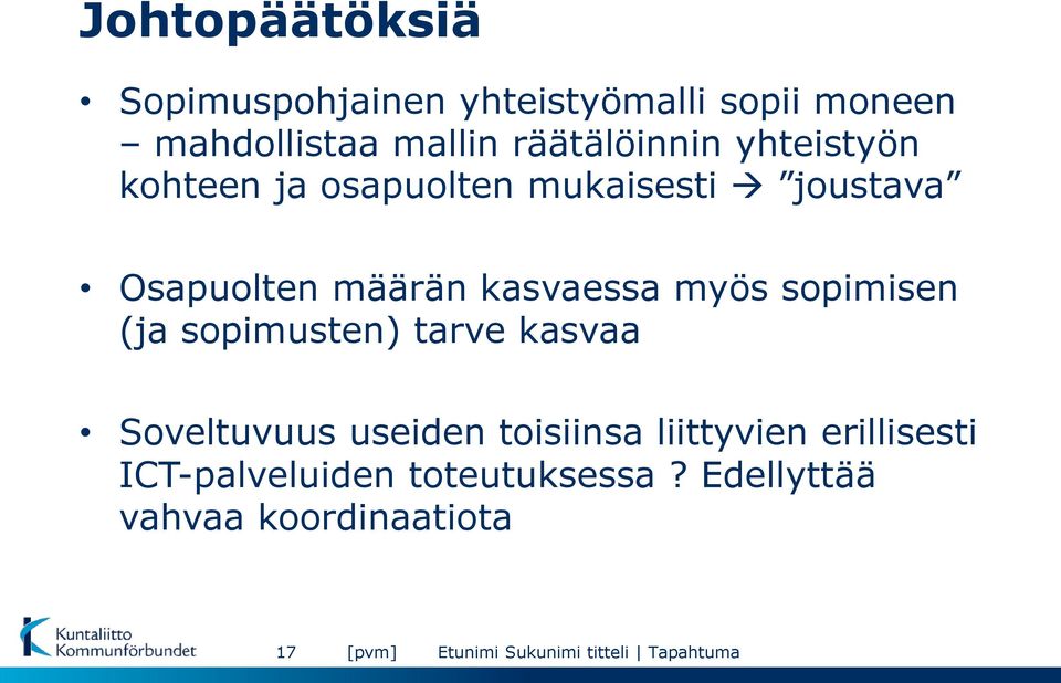 sopimisen (ja sopimusten) tarve kasvaa Soveltuvuus useiden toisiinsa liittyvien erillisesti