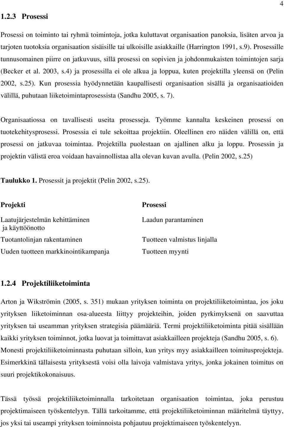 4) ja prosessilla ei ole alkua ja loppua, kuten projektilla yleensä on (Pelin 2002, s.25).