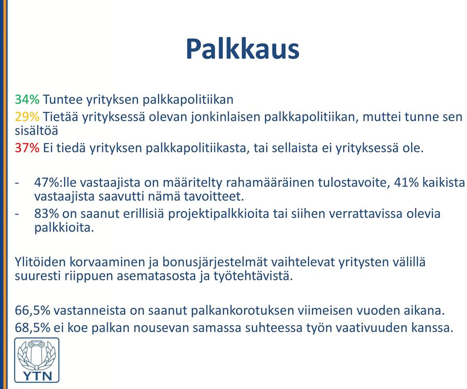 - 83% on saanut erillisiä projektipalkkioita tai siihen verrattavissa olevia palkkioita.