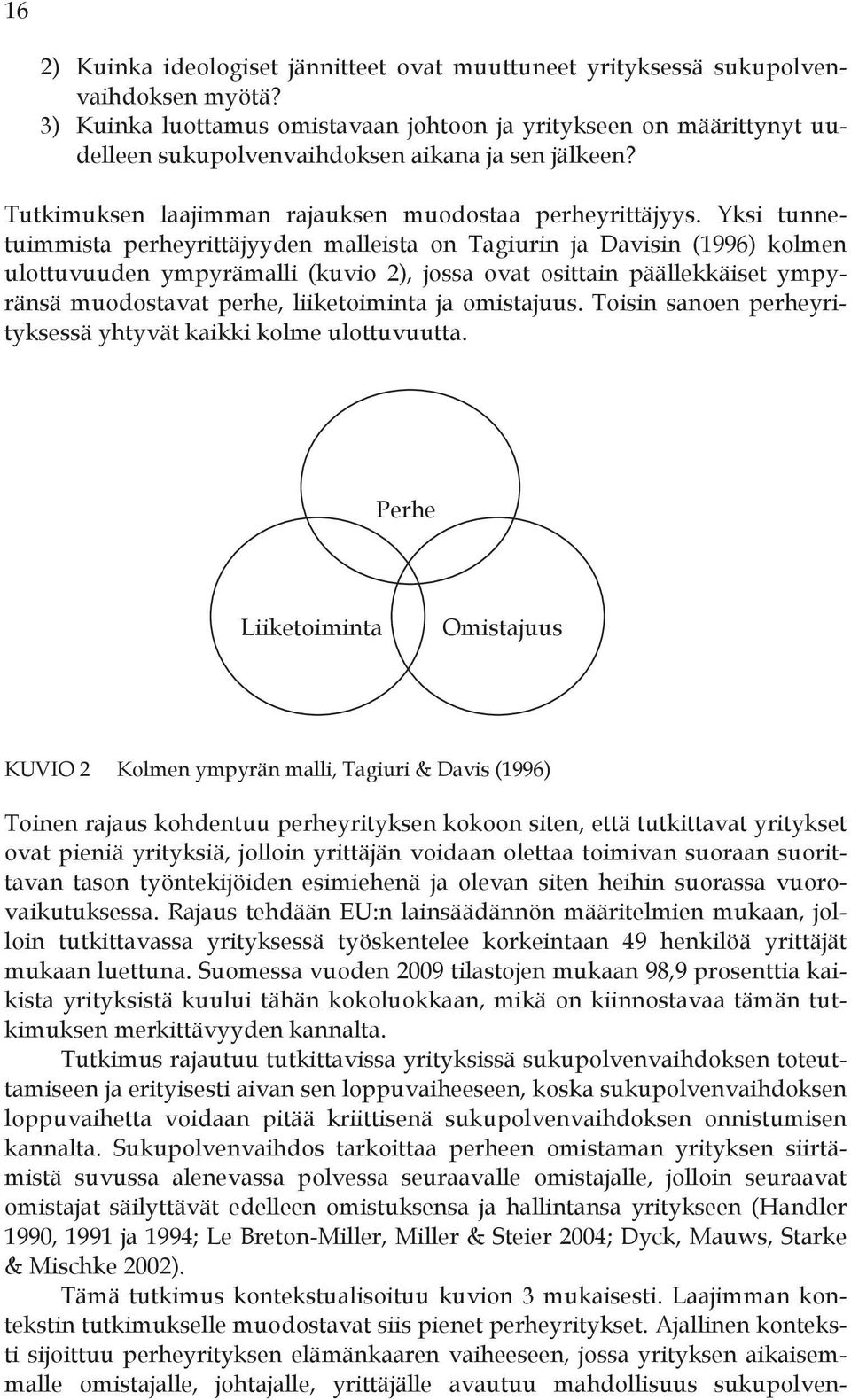 Yksi tunnetuimmista perheyrittäjyyden malleista on Tagiurin ja Davisin (1996) kolmen ulottuvuuden ympyrämalli (kuvio 2), jossa ovat osittain päällekkäiset ympyränsä muodostavat perhe, liiketoiminta