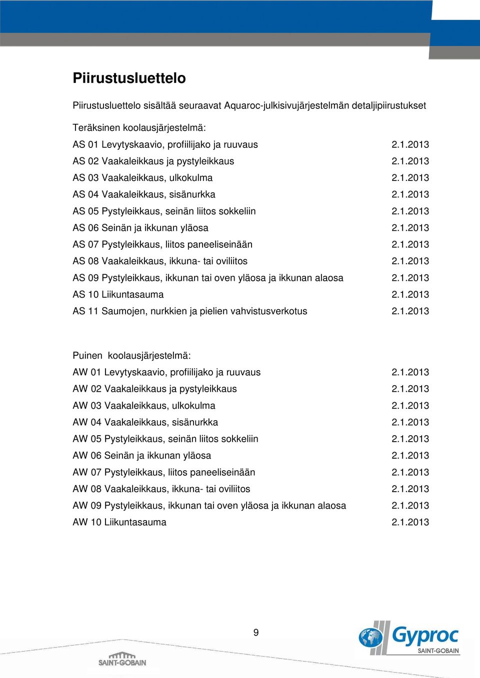 1.2013 AS 08 Vaakaleikkaus, ikkuna- tai oviliitos 2.1.2013 AS 09 Pystyleikkaus, ikkunan tai oven yläosa ja ikkunan alaosa 2.1.2013 AS 10 Liikuntasauma 2.1.2013 AS 11 Saumojen, nurkkien ja pielien vahvistusverkotus 2.