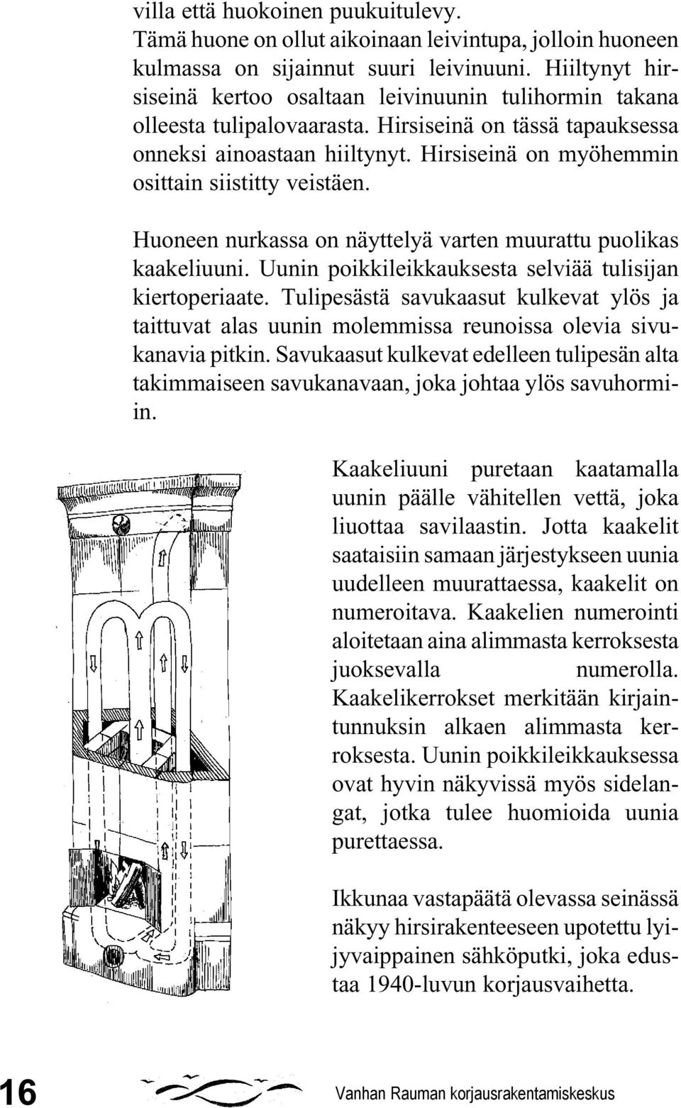 Hirsiseinä on myöhemmin osittain siistitty veistäen. Huoneen nurkassa on näyttelyä varten muurattu puolikas kaakeliuuni. Uunin poikkileikkauksesta selviää tulisijan kiertoperiaate.