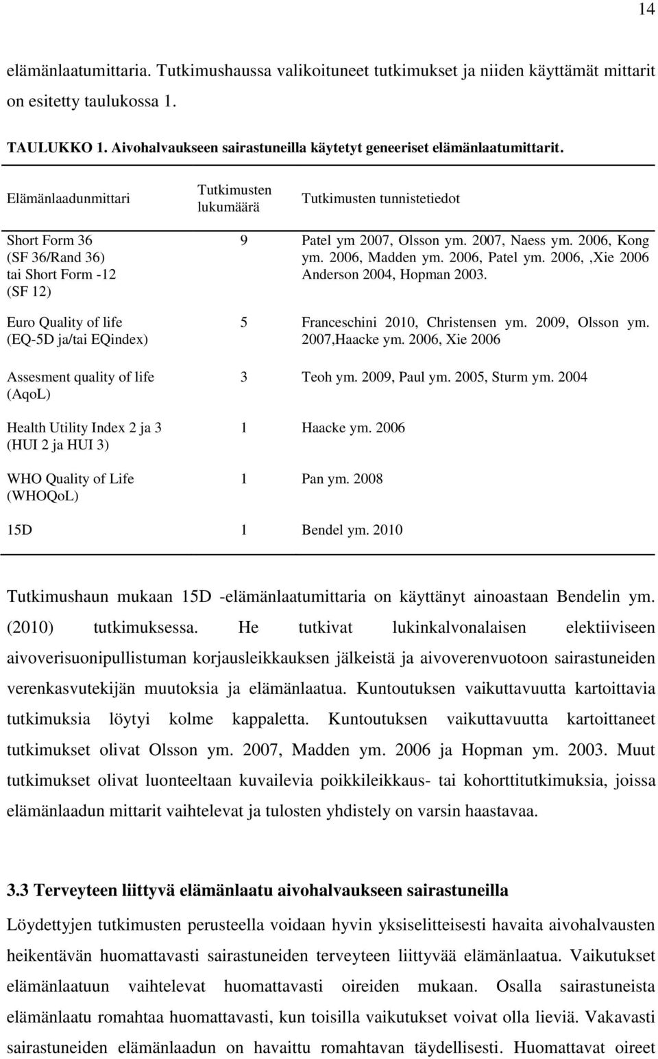 Elämänlaadunmittari Tutkimusten lukumäärä Tutkimusten tunnistetiedot Short Form 36 (SF 36/Rand 36) tai Short Form -12 (SF 12) Euro Quality of life (EQ-5D ja/tai EQindex) Assesment quality of life