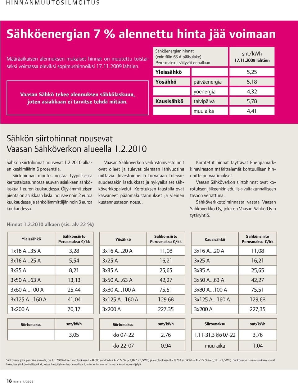 2009 lähtien Yleissähkö 5,25 Yösähkö päiväenergia 5,18 yöenergia 4,32 Kausisähkö talvipäivä 5,78 muu aika 4,41 Sähkön siirtohinnat nousevat Vaasan Sähköverkon alueella 1.2.2010 Sähkön siirtohinnat nousevat 1.