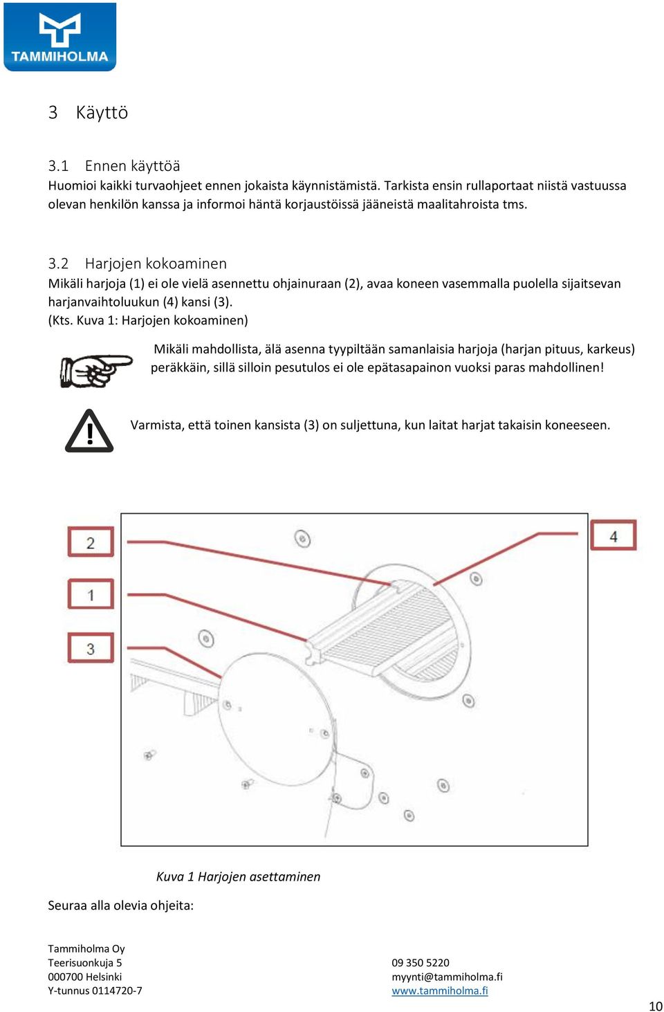 2 Harjojen kokoaminen Mikäli harjoja (1) ei ole vielä asennettu ohjainuraan (2), avaa koneen vasemmalla puolella sijaitsevan harjanvaihtoluukun (4) kansi (3). (Kts.