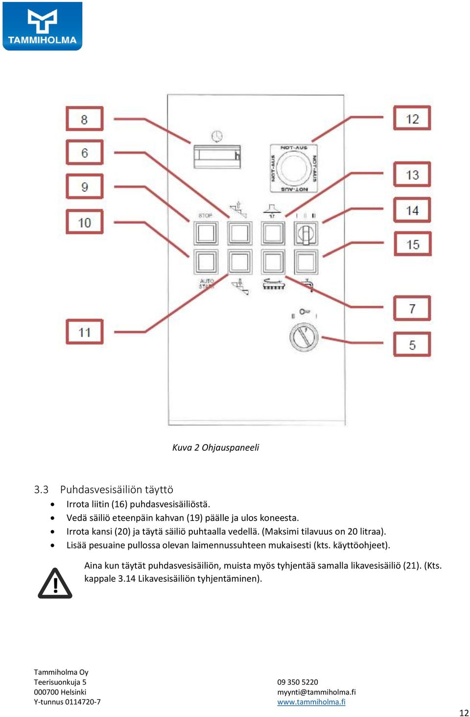 (Maksimi tilavuus on 20 litraa). Lisää pesuaine pullossa olevan laimennussuhteen mukaisesti (kts. käyttöohjeet).