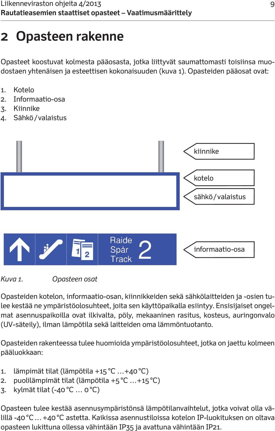 Opasteen osat Opasteiden kotelon, informaatio-osan, kiinnikkeiden sekä sähkölaitteiden ja -osien tulee kestää ne ympäristöolosuhteet, joita sen käyttöpaikalla esiintyy.