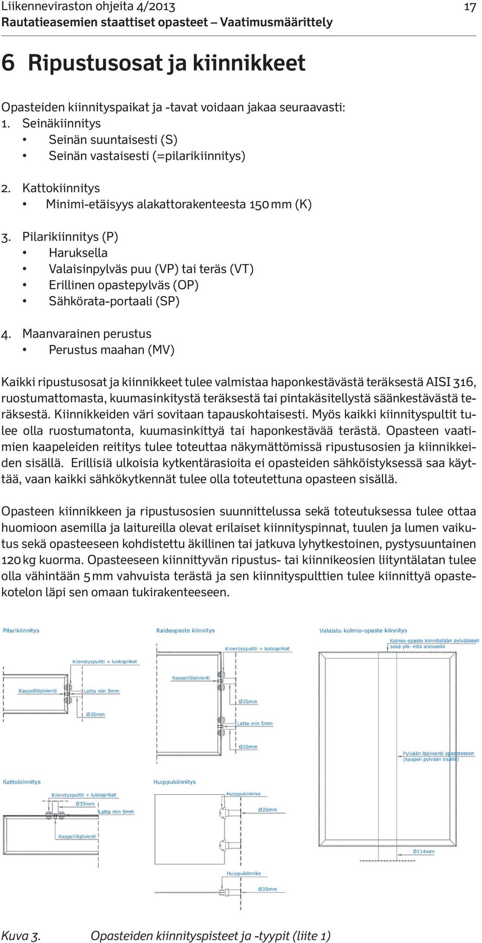 Pilarikiinnitys (P) Haruksella Valaisinpylväs puu (VP) tai teräs (VT) Erillinen opastepylväs (OP) Sähkörata-portaali (SP) 4.