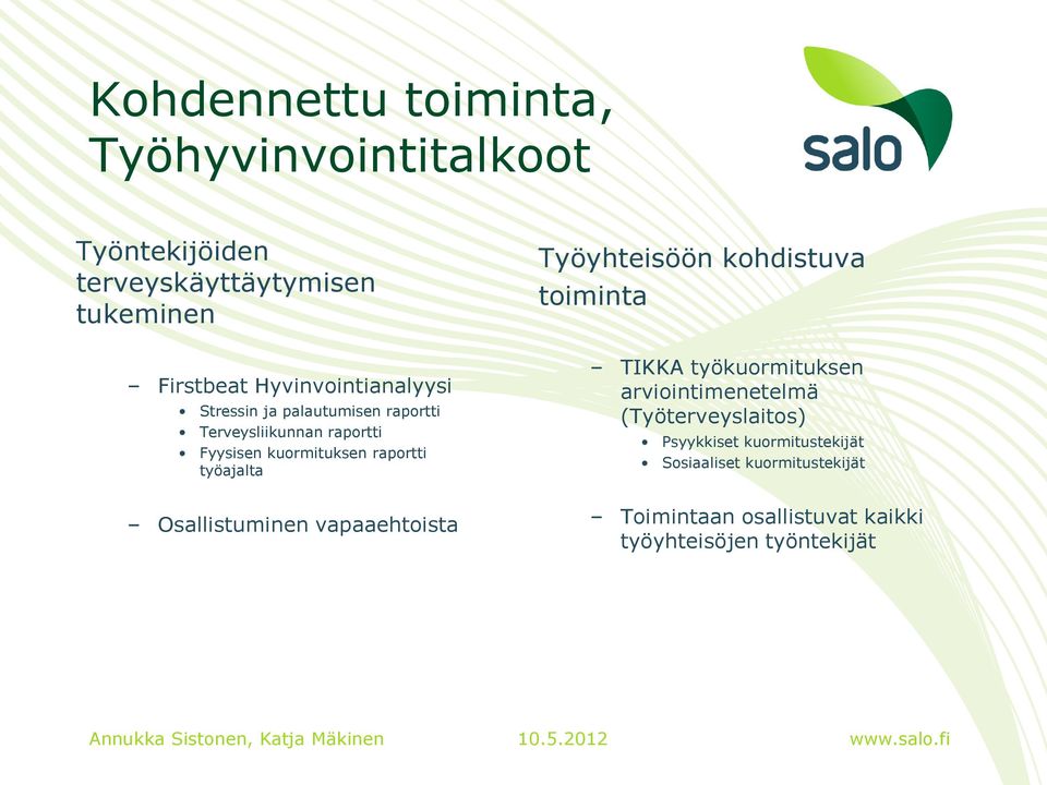 työajalta Osallistuminen vapaaehtoista Työyhteisöön kohdistuva toiminta TIKKA työkuormituksen arviointimenetelmä