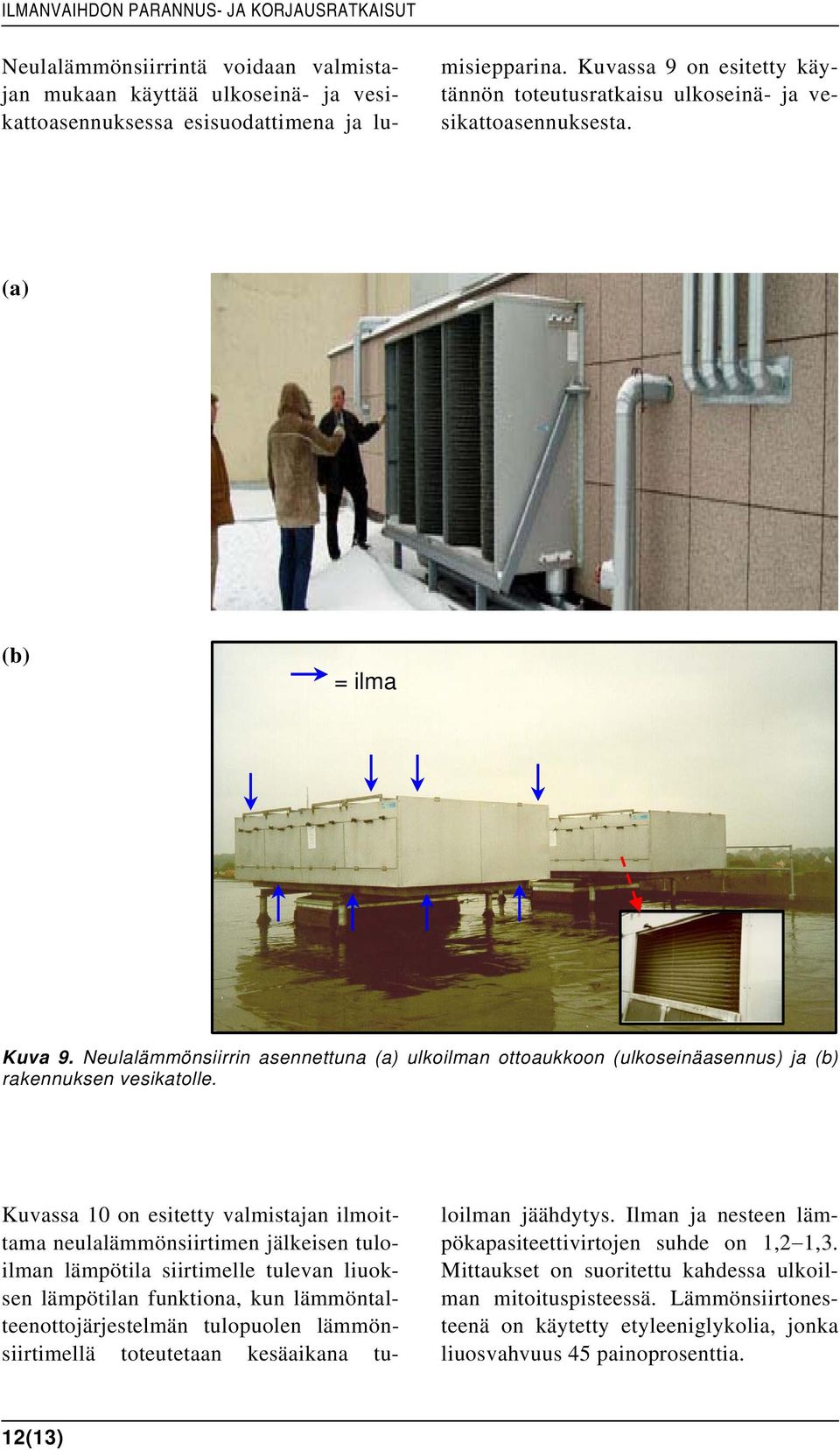 Neulalämmönsiirrin asennettuna (a) ulkoilman ottoaukkoon (ulkoseinäasennus) ja (b) rakennuksen vesikatolle.