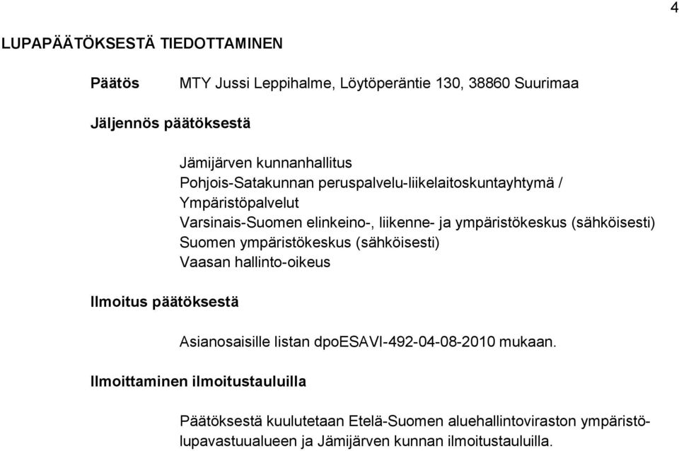 ympäristökeskus (sähköisesti) Suomen ympäristökeskus (sähköisesti) Vaasan hallinto-oikeus Asianosaisille listan dpoesavi-492-04-08-2010 mukaan.