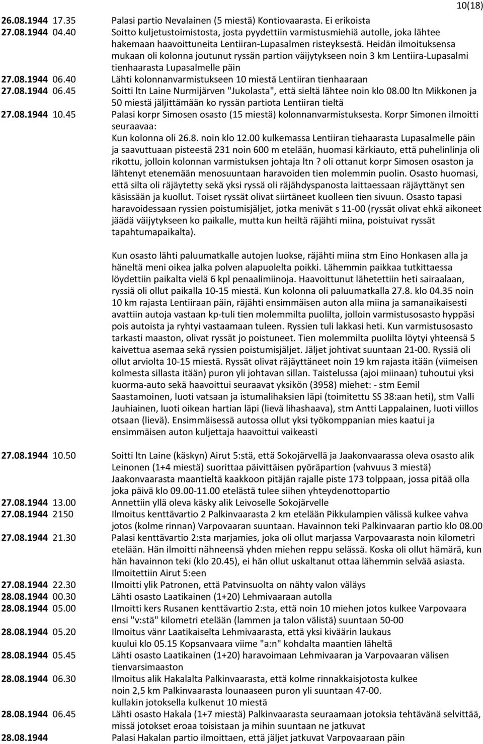 Heidän ilmoituksensa mukaan oli kolonna joutunut ryssän partion väijytykseen noin 3 km Lentiira-Lupasalmi tienhaarasta Lupasalmelle päin 27.08.1944 06.