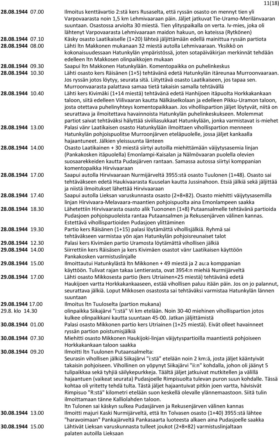 10 Käsky osasto Laatikaiselle (1+20) lähteä jäljittämään edellä mainittua ryssän partiota 28.08.1944 08.00 Lähti ltn Makkonen mukanaan 32 miestä autolla Lehmivaaraan.