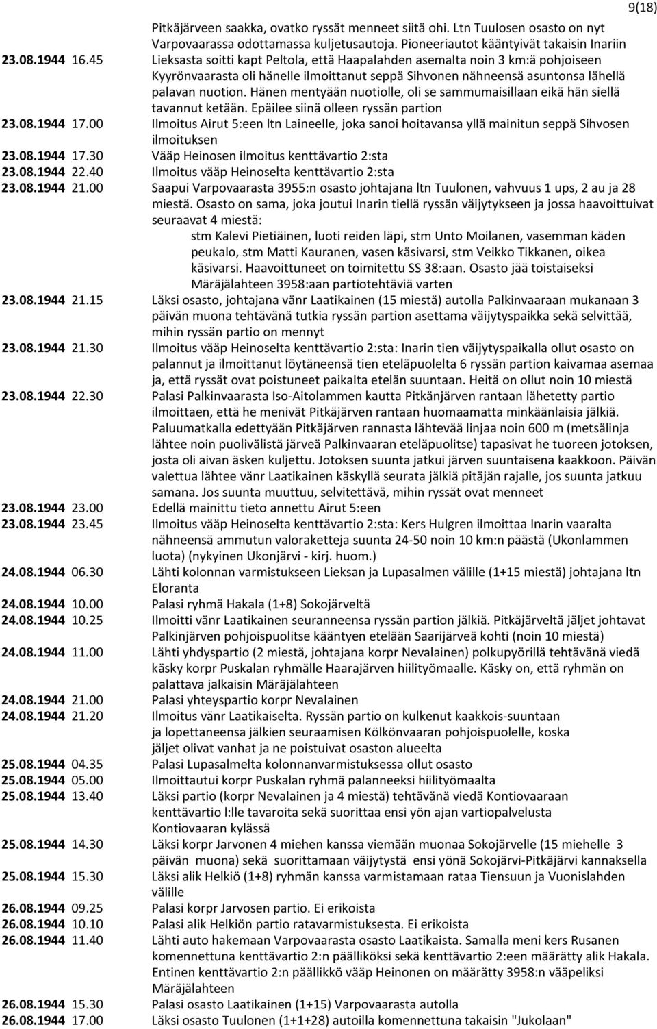 Hänen mentyään nuotiolle, oli se sammumaisillaan eikä hän siellä tavannut ketään. Epäilee siinä olleen ryssän partion 23.08.1944 17.