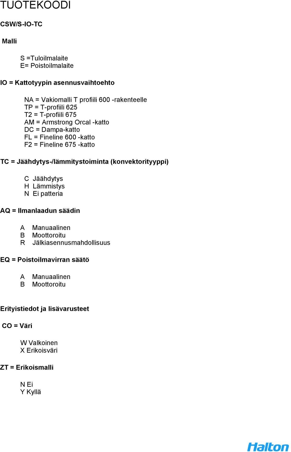 Jäähdytys-/lämmitystoiminta (konvektorityyppi) C Jäähdytys H Lämmistys N Ei patteria AQ = Ilmanlaadun säädin A B R Manuaalinen Moottoroitu