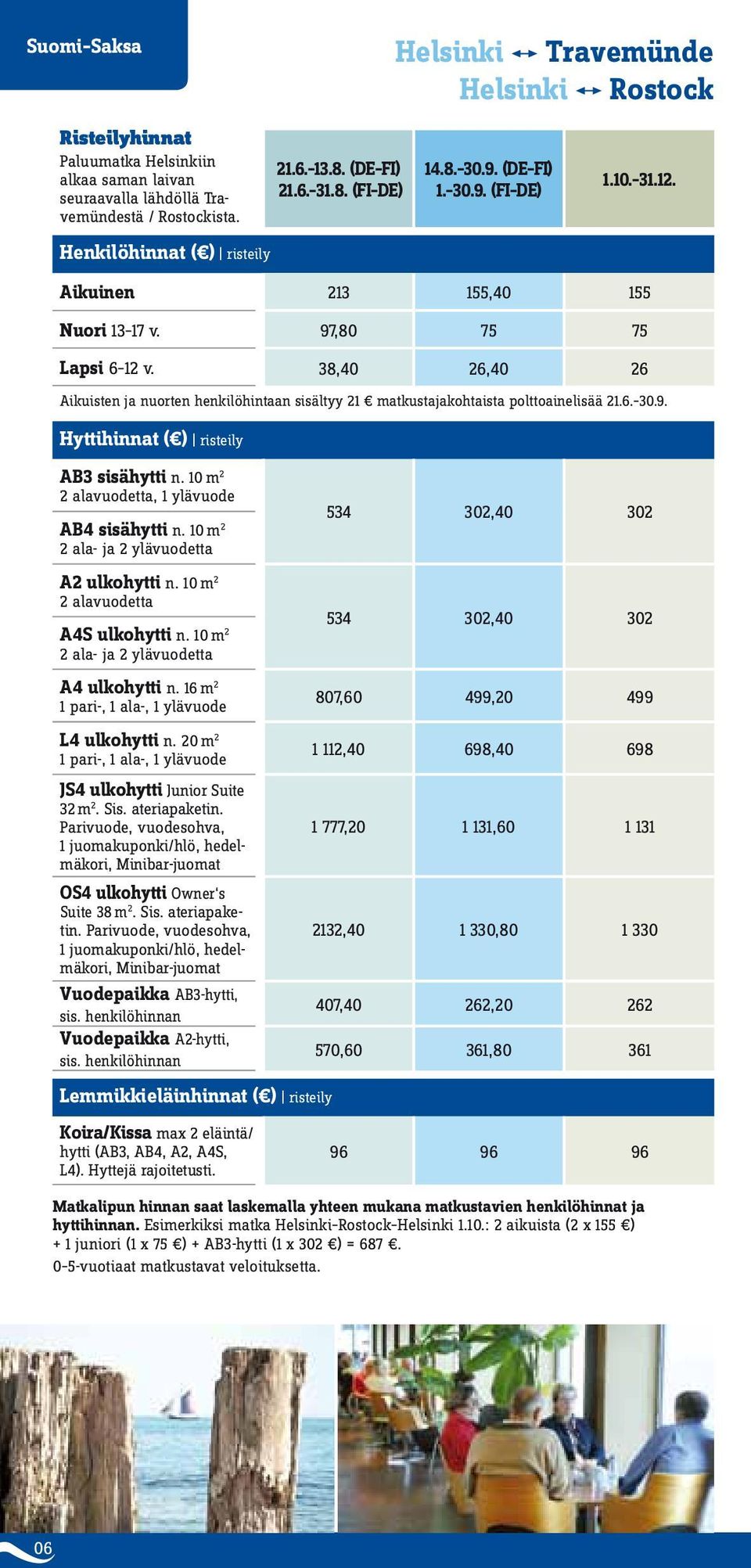 38,40 26,40 26 Aikuisten ja nuorten henkilöhintaan sisältyy 21 matkustajakohtaista polttoainelisää 21.6. 30.9. Hyttihinnat ( ) risteily AB3 sisähytti n.