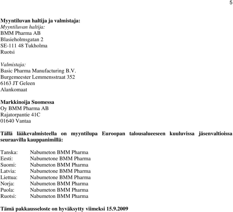 Burgemeester Lemmensstraat 352 6163 JT Geleen Alankomaat Markkinoija Suomessa Oy BMM Pharma AB Rajatorpantie 41C 01640 Vantaa