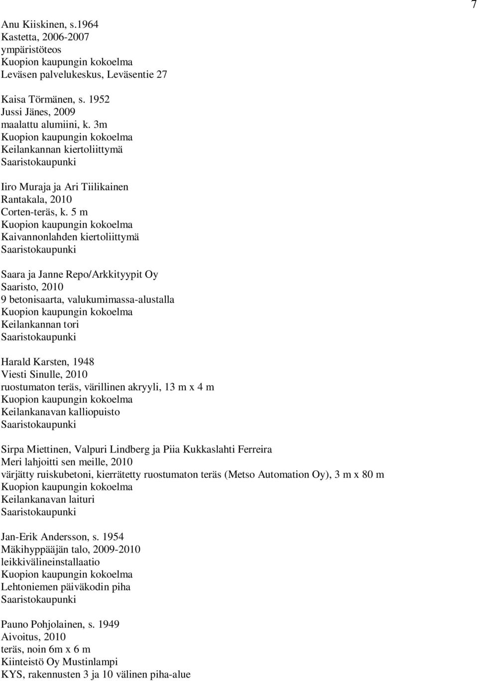 5 m Kaivannonlahden kiertoliittymä Saaristokaupunki Saara ja Janne Repo/Arkkityypit Oy Saaristo, 2010 9 betonisaarta, valukumimassa-alustalla Keilankannan tori Saaristokaupunki Harald Karsten, 1948