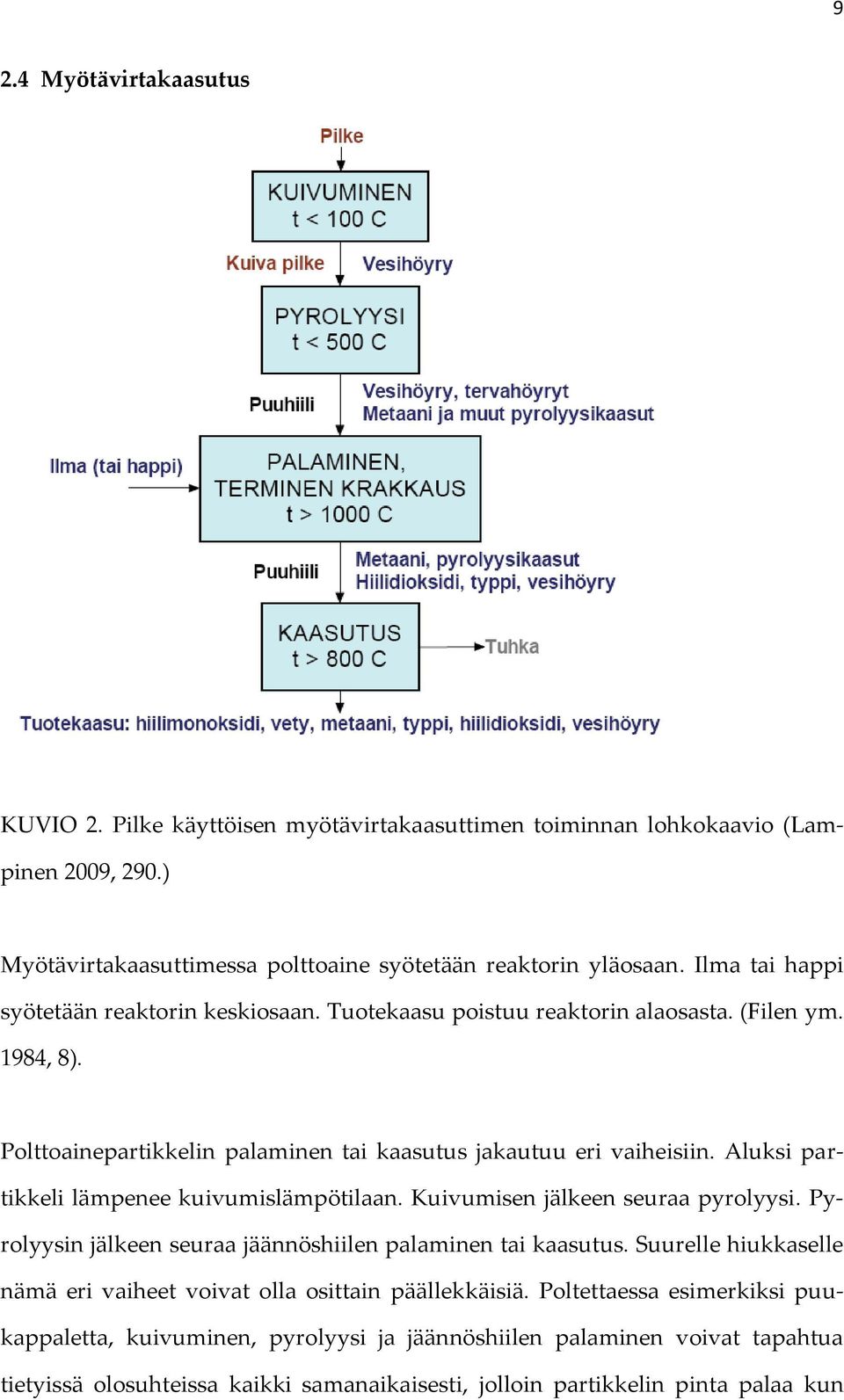 Aluksi partikkeli lämpenee kuivumislämpötilaan. Kuivumisen jälkeen seuraa pyrolyysi. Pyrolyysin jälkeen seuraa jäännöshiilen palaminen tai kaasutus.