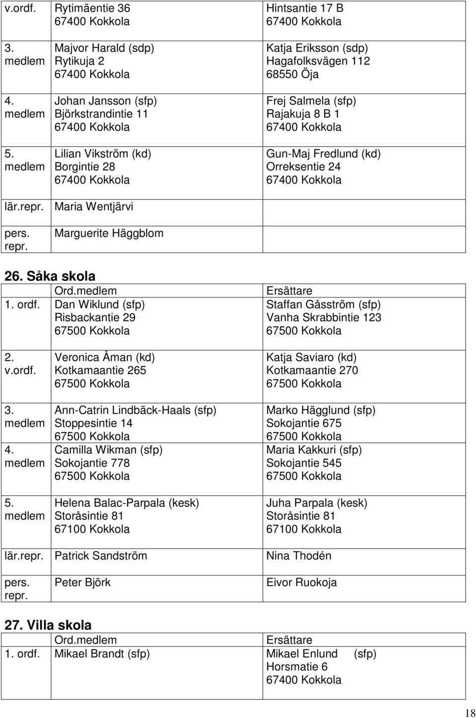 (kd) Orreksentie 24 lär.repr. Maria Wentjärvi pers. repr. Marguerite Häggblom 26. Såka skola Ord. 1. ordf.