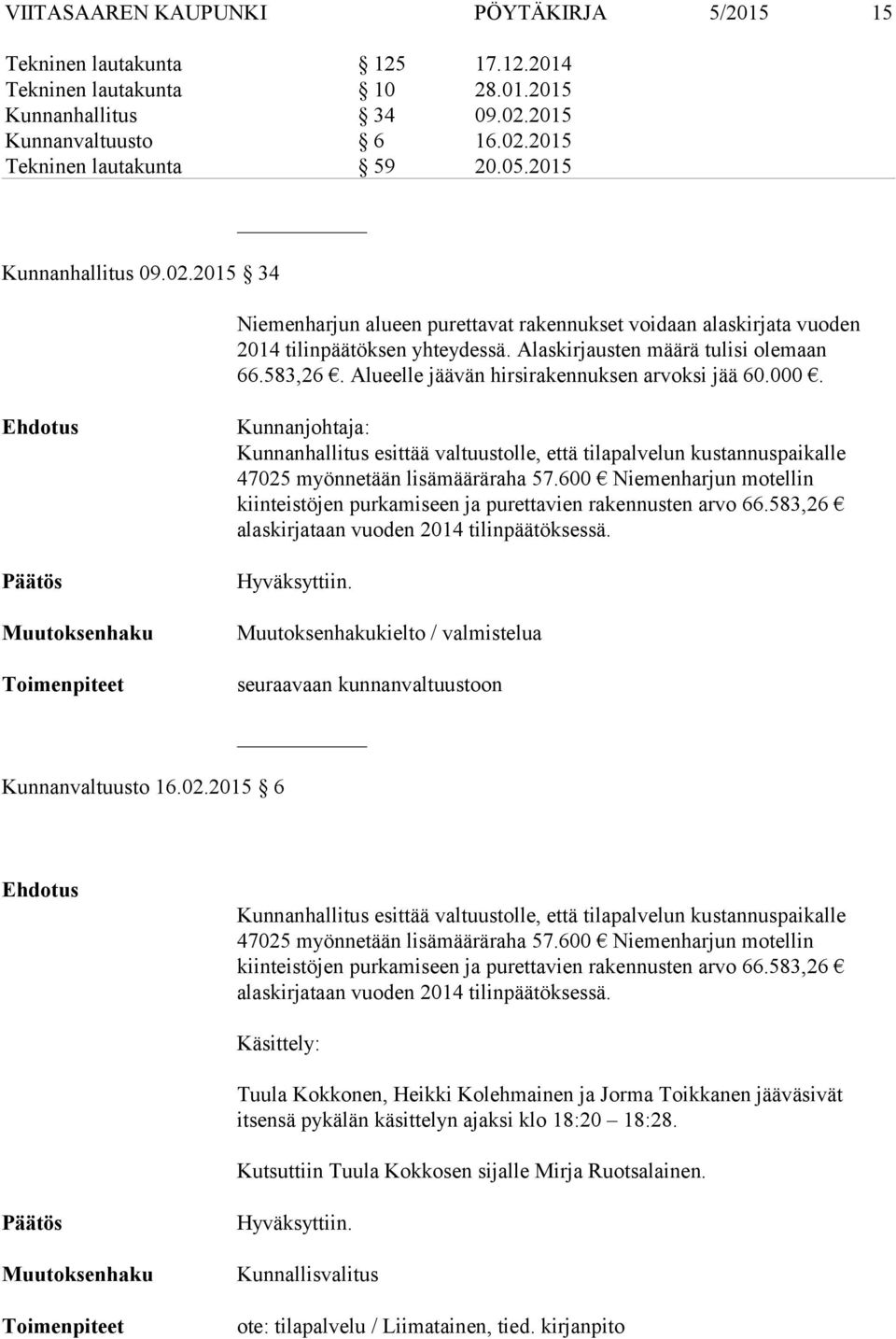 Alueelle jäävän hirsirakennuksen arvoksi jää 60.000. Kunnanjohtaja: Kunnanhallitus esittää valtuustolle, että tilapalvelun kustannuspaikalle 47025 myönnetään lisämääräraha 57.