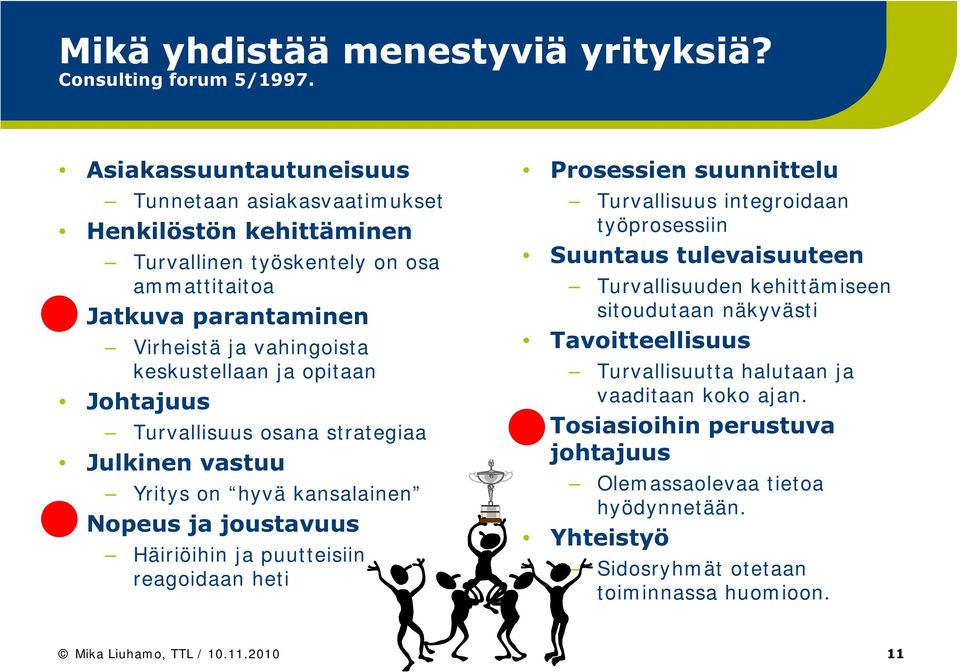 opitaan Johtajuus Turvallisuus osana strategiaa Julkinen vastuu Yritys on hyvä kansalainen Nopeus ja joustavuus Häiriöihin ja puutteisiin reagoidaan heti Prosessien suunnittelu Turvallisuus