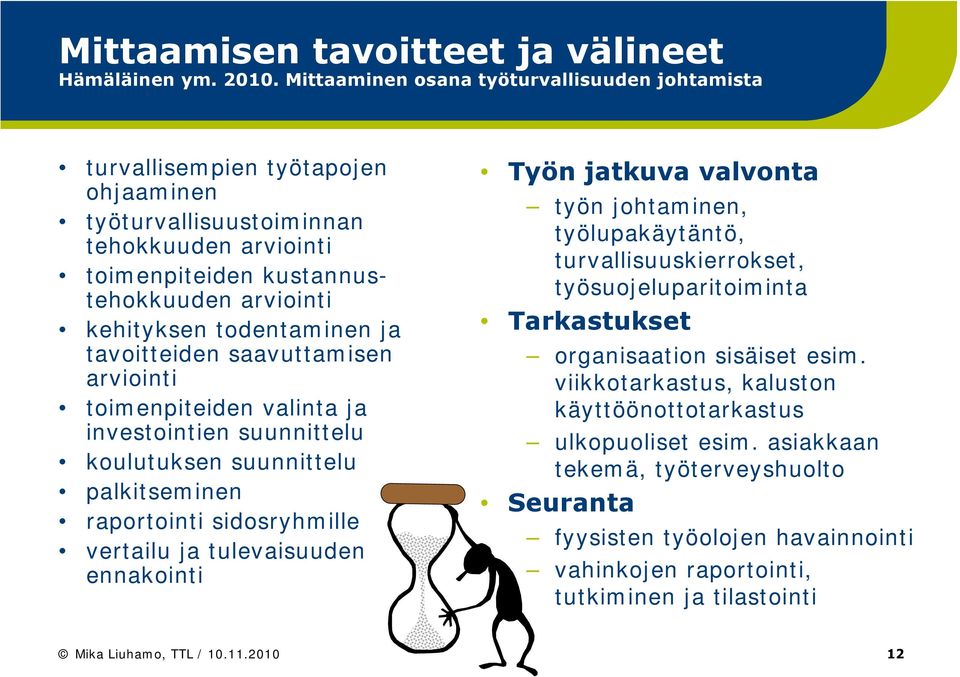 todentaminen ja tavoitteiden saavuttamisen arviointi toimenpiteiden valinta ja investointien suunnittelu koulutuksen suunnittelu palkitseminen raportointi sidosryhmille vertailu ja tulevaisuuden