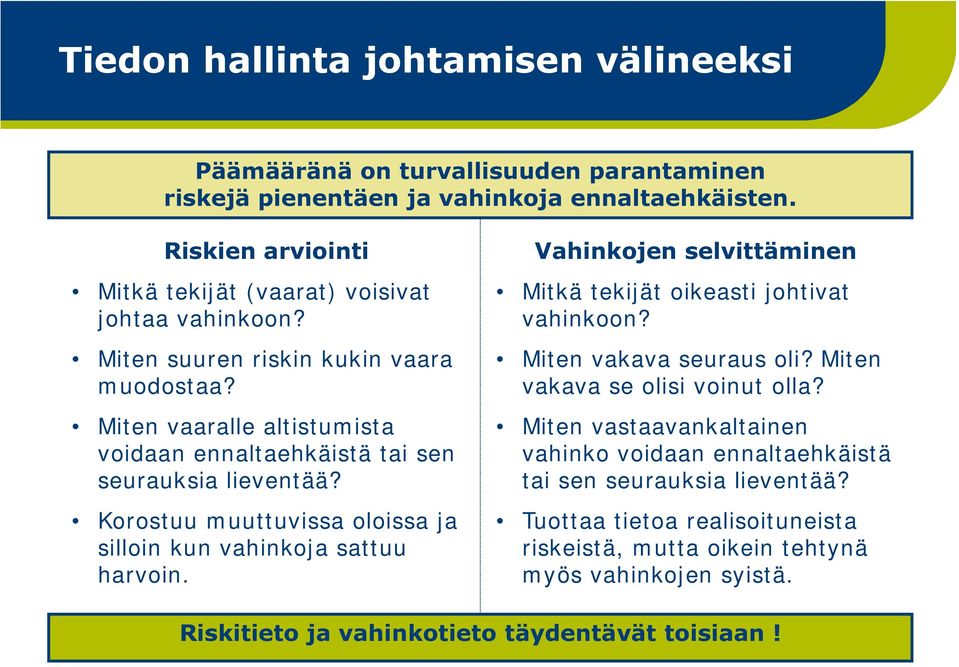 Korostuu muuttuvissa oloissa ja silloin kun vahinkoja sattuu harvoin. Vahinkojen selvittäminen Mitkä tekijät oikeasti johtivat vahinkoon? Miten vakava seuraus oli?