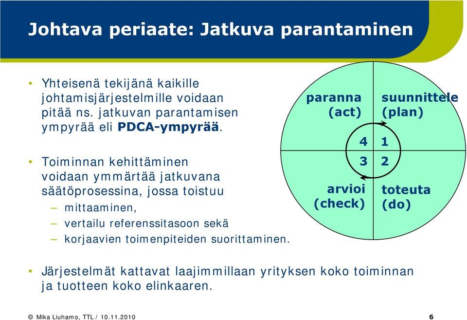 Toiminnan kehittäminen voidaan ymmärtää jatkuvana säätöprosessina, jossa toistuu mittaaminen, i vertailu referenssitasoon sekä