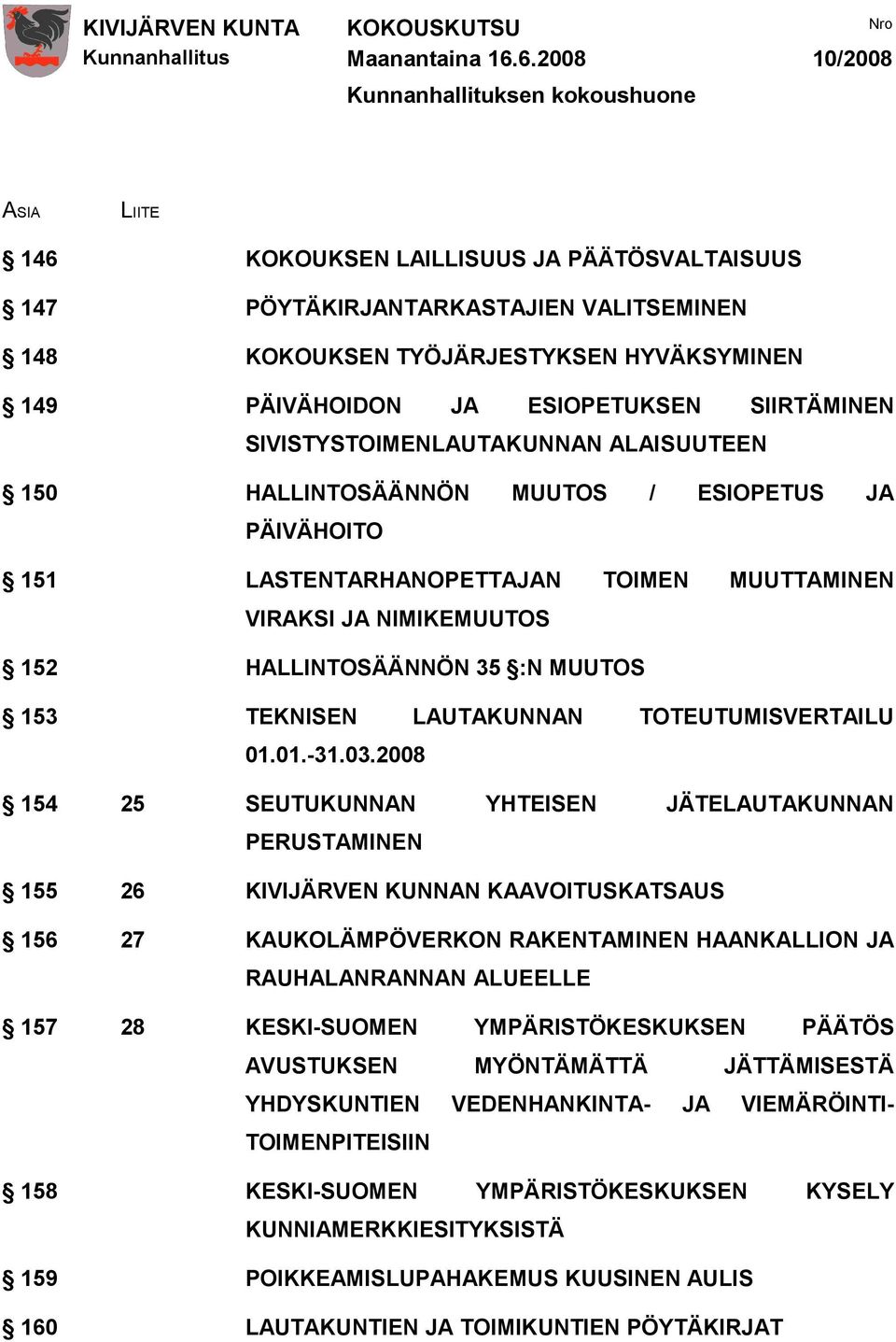 VIRAKSI JA NIMIKEMUUTOS 152 HALLINTOSÄÄNNÖN 35 :N MUUTOS 153 TEKNISEN LAUTAKUNNAN TOTEUTUMISVERTAILU 01.01.-31.03.
