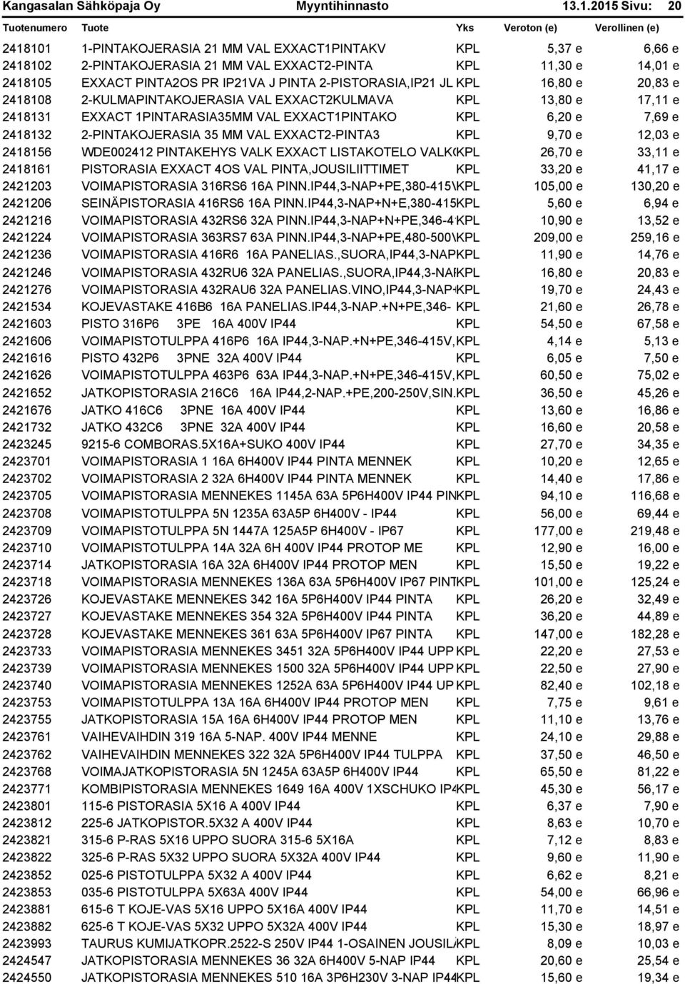 2-PISTORASIA,IP21 JL VKPL 16,80 e 20,83 e 2418108 2-KULMAPINTAKOJERASIA VAL EXXACT2KULMAVA KPL 13,80 e 17,11 e 2418131 EXXACT 1PINTARASIA35MM VAL EXXACT1PINTAKO KPL 6,20 e 7,69 e 2418132