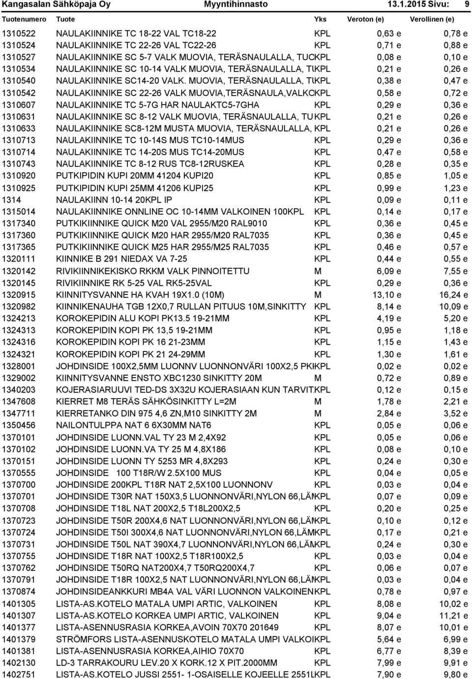 TUOKPL 0,08 e 0,10 e 1310534 NAULAKIINNIKE SC 10-14 VALK MUOVIA, TERÄSNAULALLA, TUKPL 0,21 e 0,26 e 1310540 NAULAKIINNIKE SC14-20 VALK.