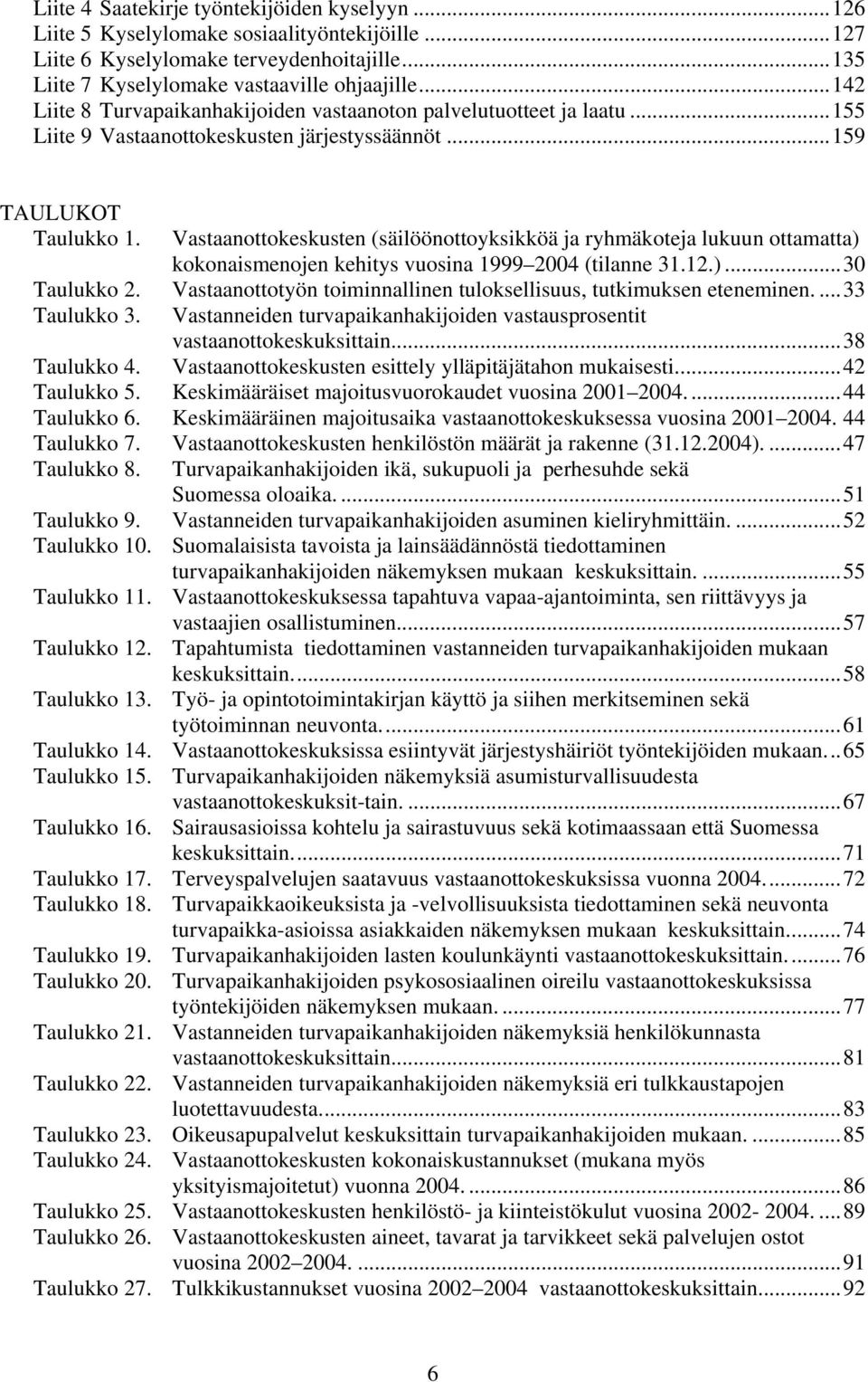 Vastaanottokeskusten (säilöönottoyksikköä ja ryhmäkoteja lukuun ottamatta) kokonaismenojen kehitys vuosina 1999 2004 (tilanne 31.12.)...30 Taulukko 2.